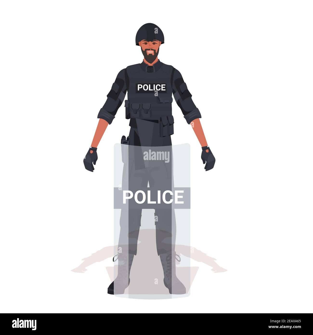 poliziotto in completo tattico attrezzatura riot poliziotto con scudo manifestanti e rioti dimostrativi concetto di controllo di massa vettore a lunghezza intera illustrazione Illustrazione Vettoriale