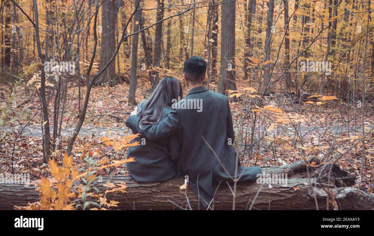 coppia nei boschi con colori autunnali, essendo intimo in un ambiente forestale da romantica posa Foto Stock