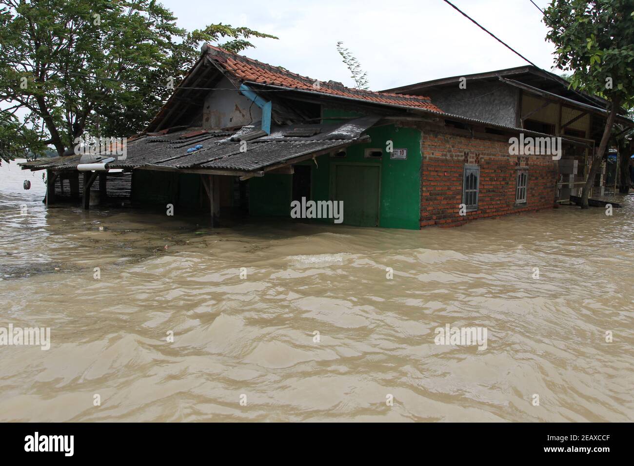 Karawang, Giava Occidentale, Indonesia. 10 Feb 2021. Attività dei residenti quando le loro zone di vita e i campi di riso sono stati allagati nel villaggio di Karangligar, Karawang, Giava Occidentale, il 11 febbraio 2021. L'alluvione che ha colpito 275 ettari di terreno, compresi villaggi e campi di riso con un'altezza di 2-3 metri è stato il risultato del traboccamento di due fiumi, il fiume Cibeet e il fiume Citarum. Credit: Dasril Roszandi/ZUMA Wire/Alamy Live News Foto Stock