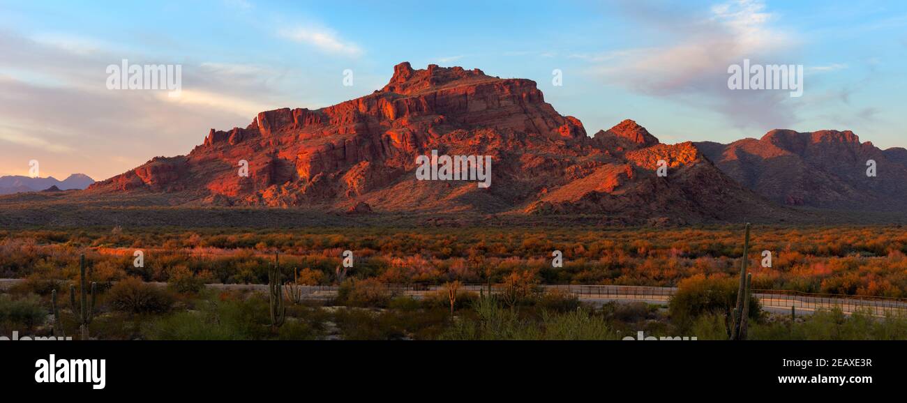 Paesaggio desertico panoramico con Red Mountain al tramonto a Mesa, Arizona Foto Stock