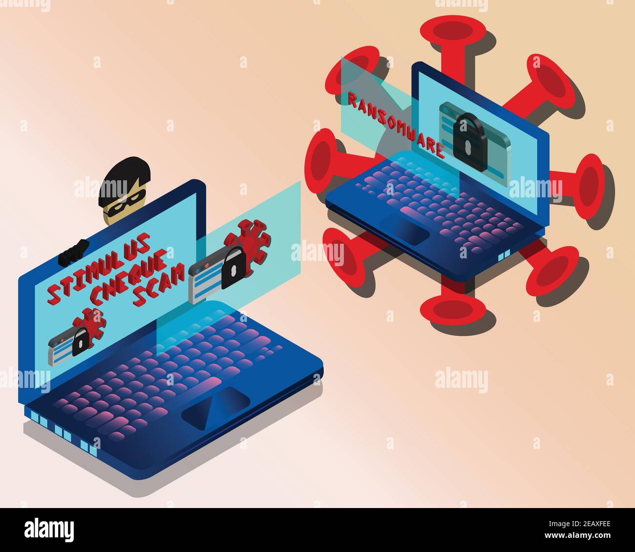 Truffa la frode e il ransomware che colpono le persone intorno al wolrd in Tempo di test dovuto alla pandemia di Covid 19 Illustrazione Vettoriale