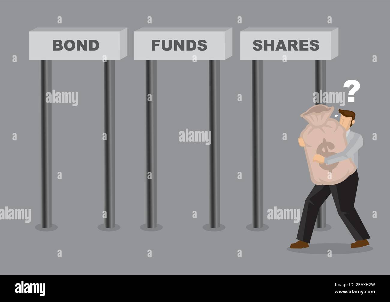 Uomo d'affari che decide dove investire i suoi soldi in. Concetto di allocazione delle risorse aziendali. Illustrazione della ricchezza di investimento. Illustrazione Vettoriale