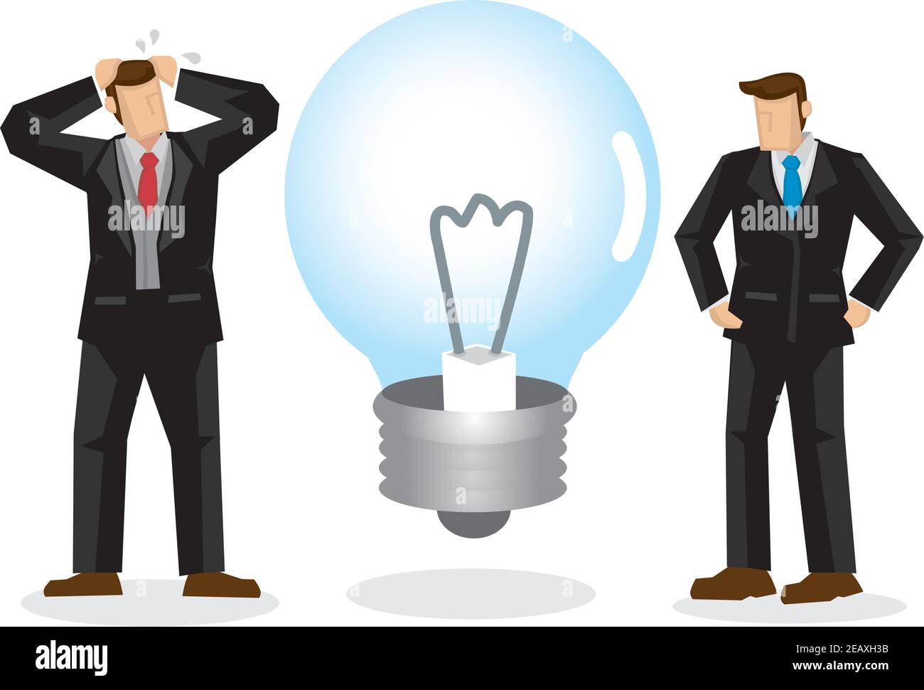 Uomini d'affari con una lampadina non illuminata. Concetto di non avere idea per il loro grande progetto. Illustrazione vettoriale. Illustrazione Vettoriale