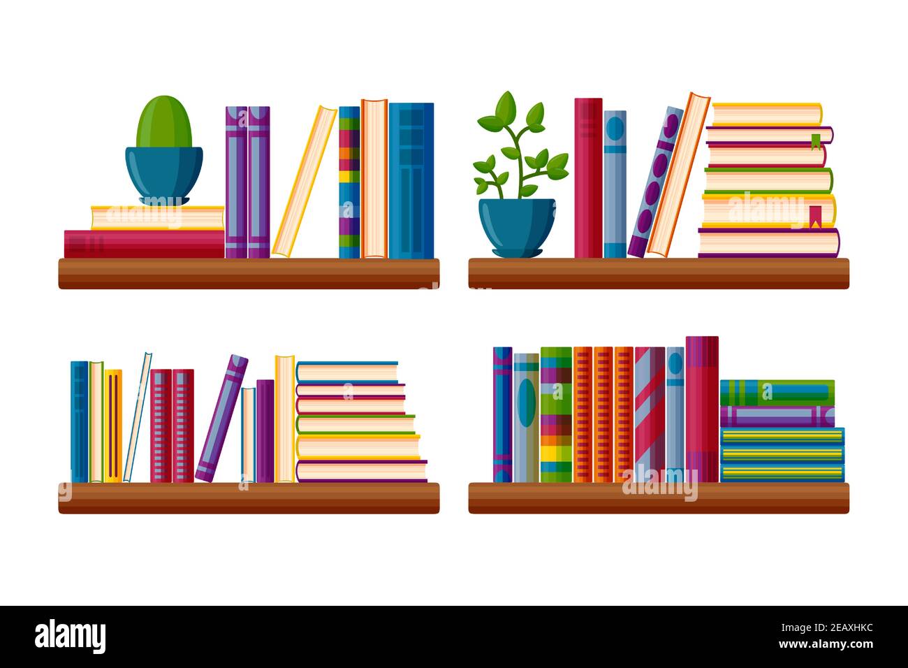 Scaffali libreria con piante in vaso. Libri Bestseller stack in stile cartoon. Illustrazione vettoriale isolata su sfondo bianco Illustrazione Vettoriale