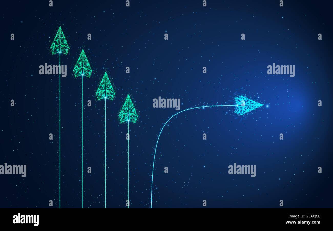 Concetto di leadership piano di carta poligonale con piano blu chiaro che cambia direzione tra tutte le direzioni verde chiaro. Soluzione aziendale innovativa. Illustrazione Vettoriale