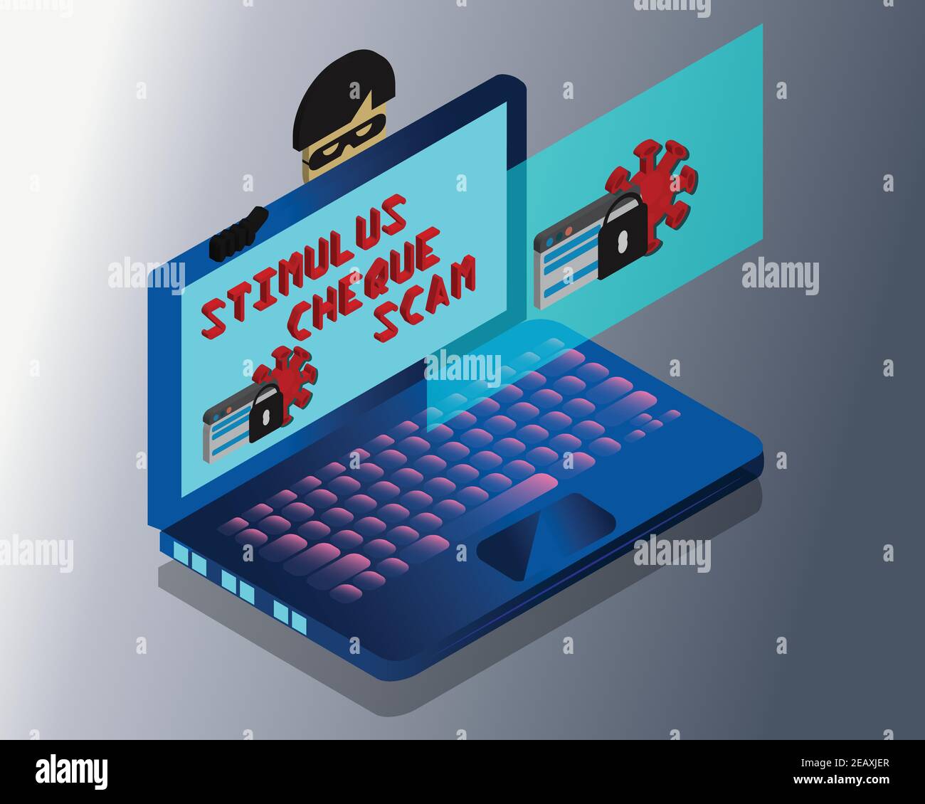 La truffa di controllo dello stimolo che viene usata dallo scammer per truffare le vittime innocenti durante la pandemia di Covid 19. Illustrazione Vettoriale