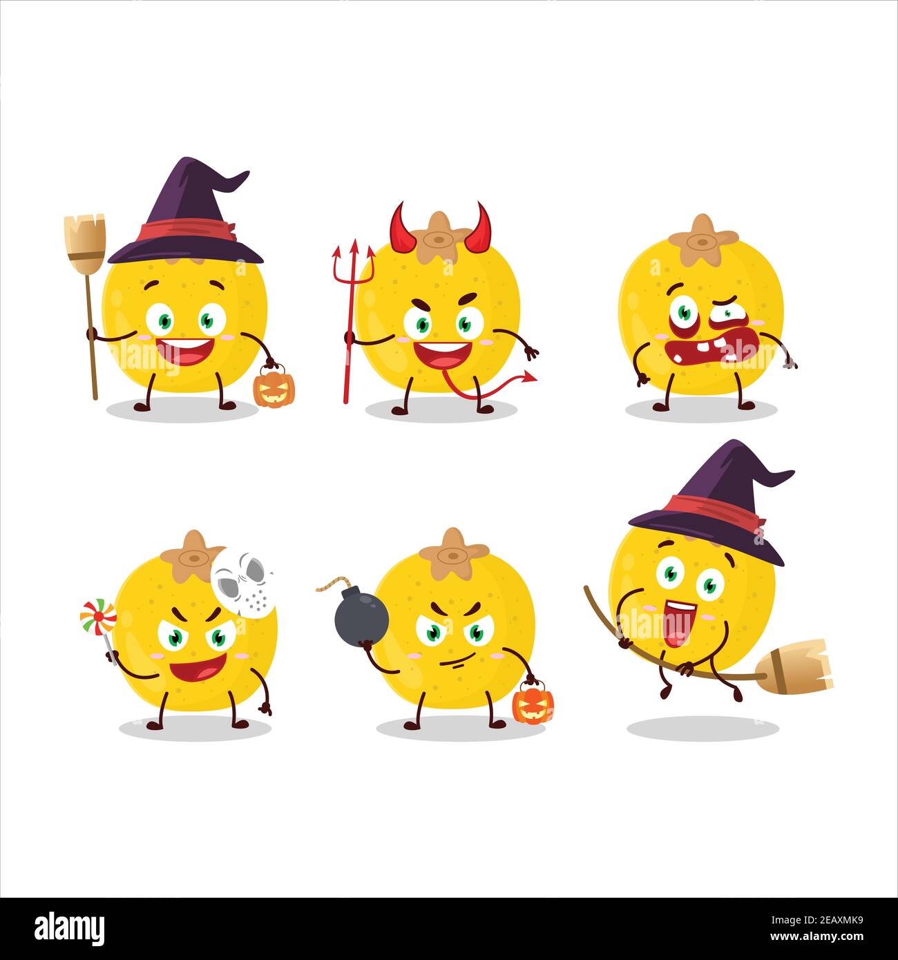 Emoticon di espressione di Halloween con carattere cartoon di frutta di nance. Illustrazione vettoriale Illustrazione Vettoriale