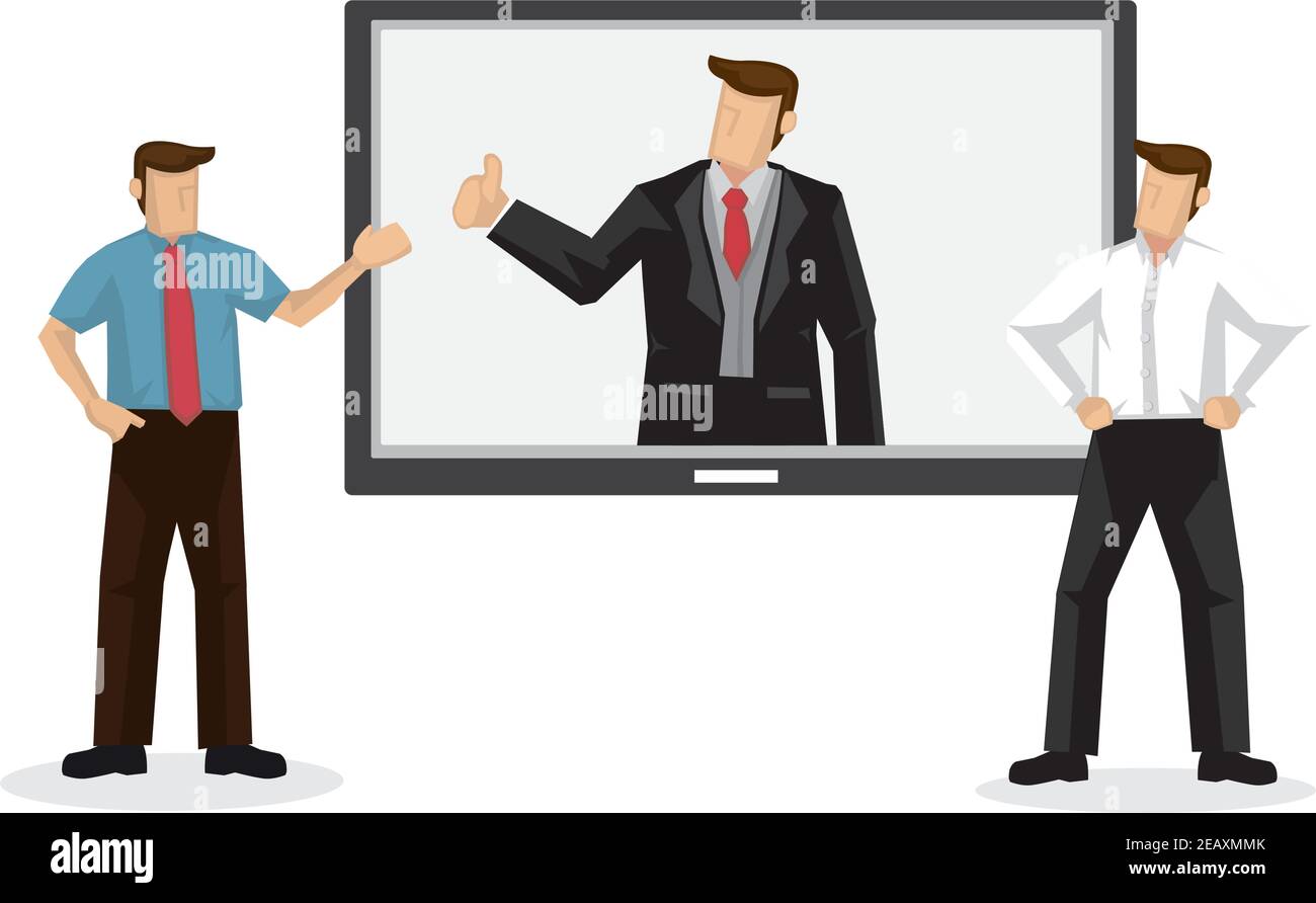 Uomo d'affari che ha una videochiamata aziendale con un altro uomo d'affari. Concetto di videoconferenza o tecnologia. Illustrazione vettoriale isolata. Illustrazione Vettoriale