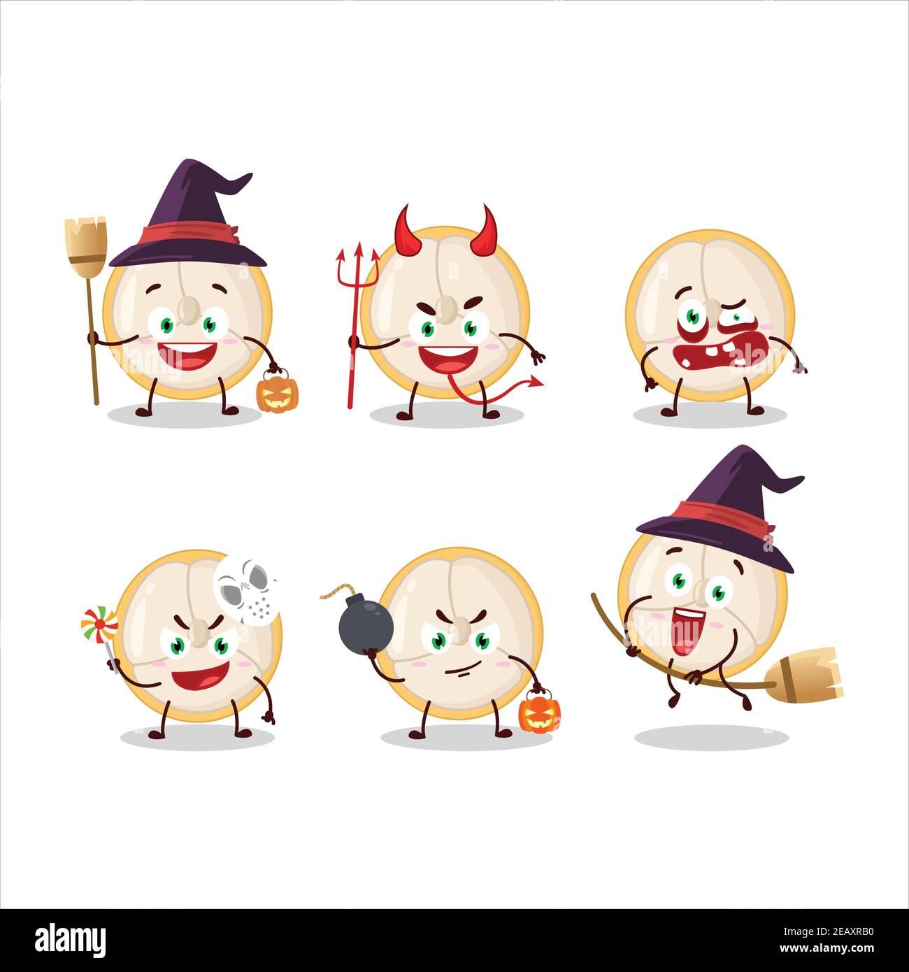 Emoticon di espressione di Halloween con carattere cartoon di fetta di uva birmana. Illustrazione vettoriale Illustrazione Vettoriale