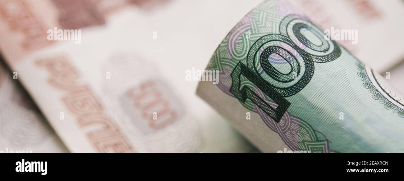 Closeup di valuta russa ruble banconote, proporzione banner Foto Stock