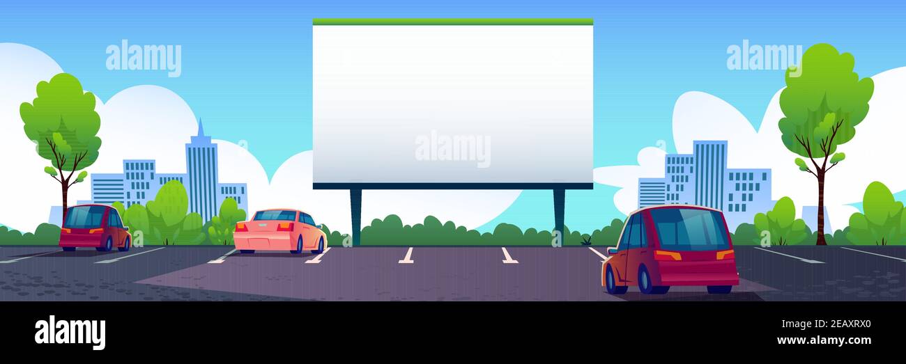 Cinema di strada con schermo vuoto. Drive-in teatro con automobili stand in parcheggio all'aperto con contrassegno in su al giorno vicino ampio cartellone bianco all'aperto per la pubblicità, Cartoon vettore illustrazione Illustrazione Vettoriale