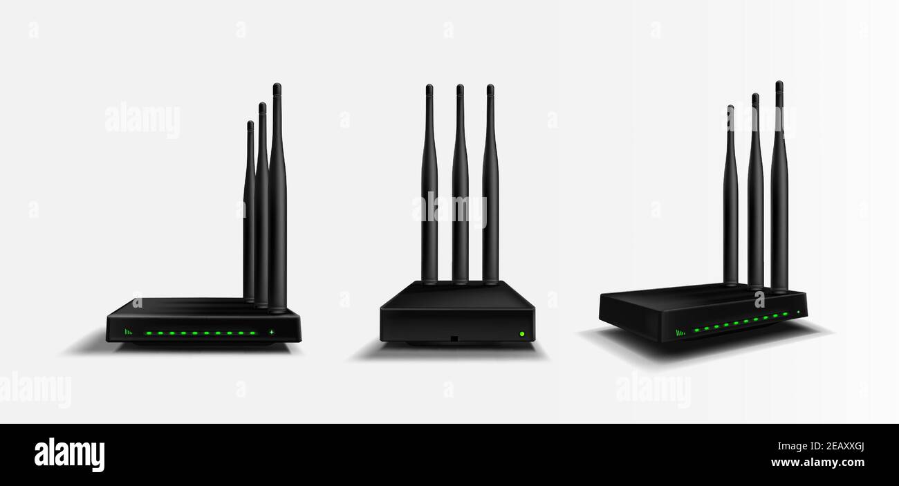 Router Wi-Fi mockup con vista frontale, angolare e laterale, dispositivo domestico nero con tre antenne e indicatori di colore verde brillante per la connessione wireless a Internet. Tecnologia moderna, simulazione realistica di isolamento vettoriale 3d Illustrazione Vettoriale