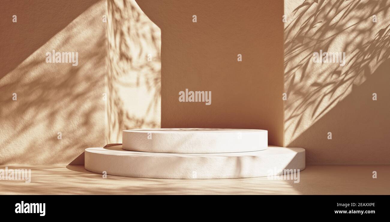 Scena minima astratta con podio in pietra bianca e ombre di foglie. Rendering 3d minimal premium in marmo bianco per il podio. Foto Stock