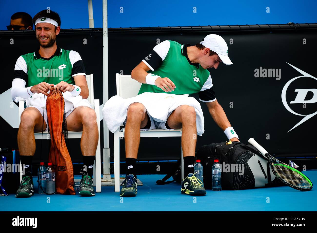 Sander Gille (ATP 39) e Joran Vliegen (ATP 36) Foto durante una partita di tennis tra la coppia belga Gille-Vliegen e. Coppia tedesco-americana Kopfer-San Foto Stock
