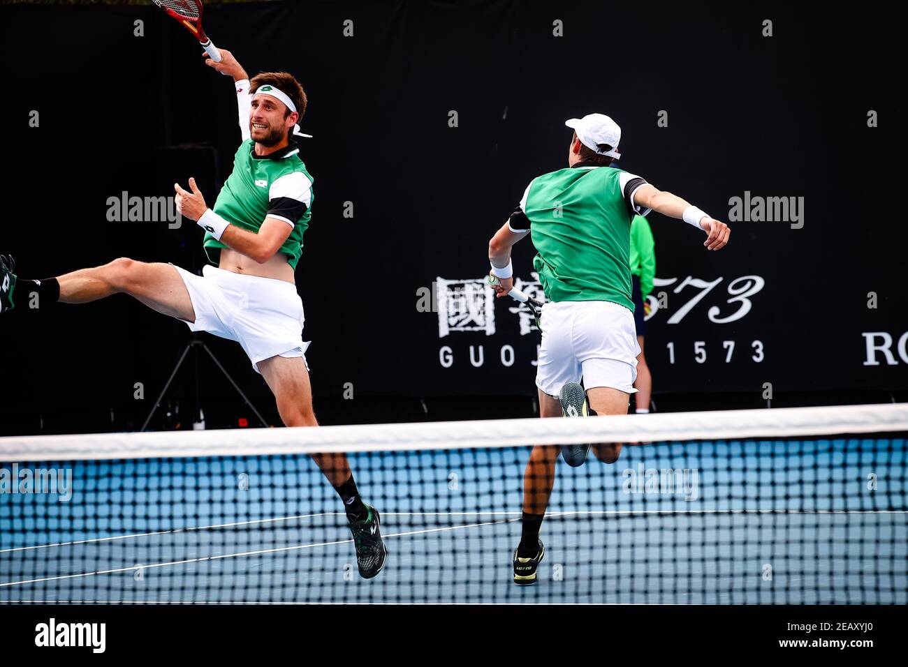 Sander Gille (ATP 39) e Joran Vliegen (ATP 36) Foto durante una partita di tennis tra la coppia belga Gille-Vliegen e. Coppia tedesco-americana Kopfer-San Foto Stock