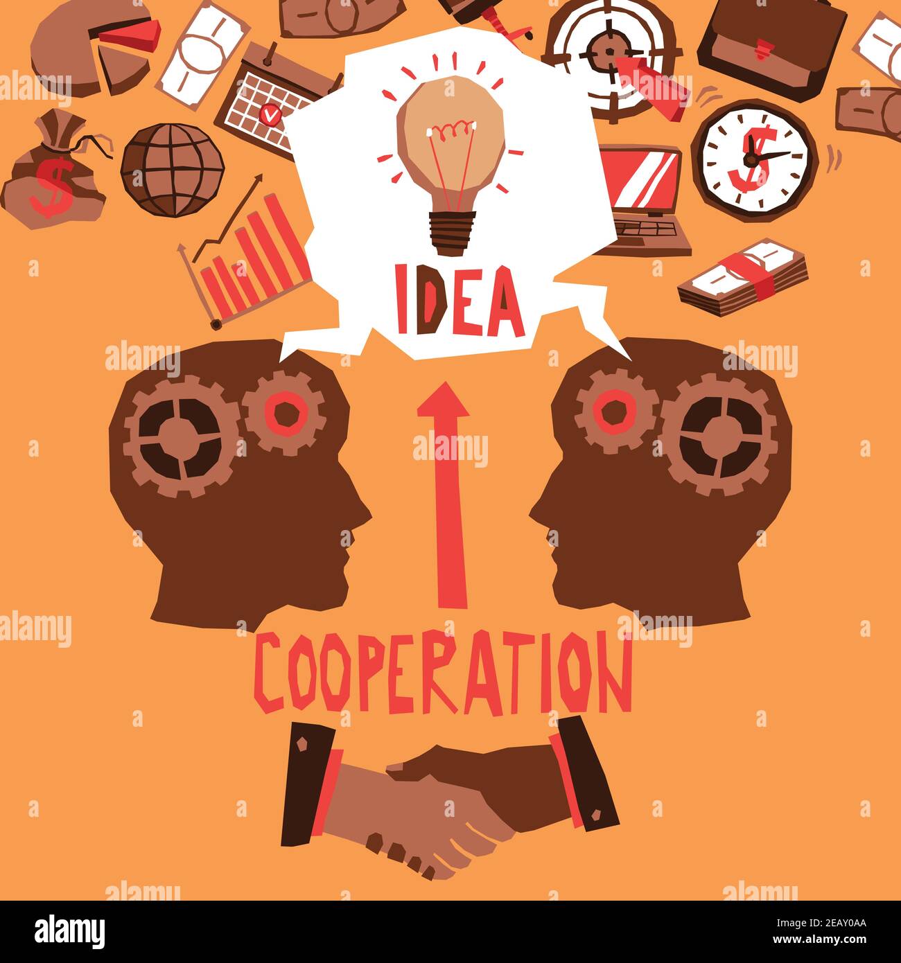 Concetto di cooperazione con le teste degli uomini d'affari e vettore di icone di schizzo di affari illustrazione Illustrazione Vettoriale
