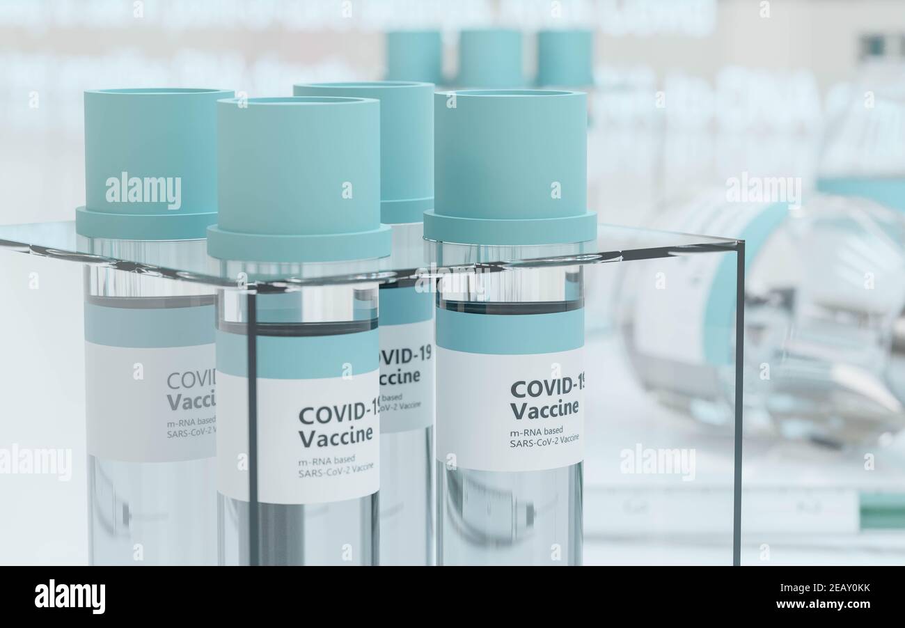 Flaconi di vaccino in laboratorio per la prevenzione, l'immunizzazione e il trattamento dell'infezione da virus della corona COVID-19 SARS-COV-2 3d ne mostra l'illustrazione Foto Stock