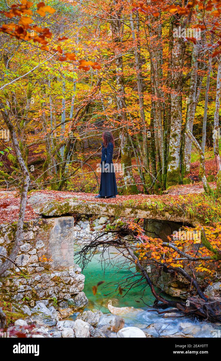 Parco Nazionale d'Abruzzo, Lazio e Molise (Italia) - autunno con fogliame in riserva naturale montana, con piccoli paesi, lago Barrea, Camosciara Foto Stock