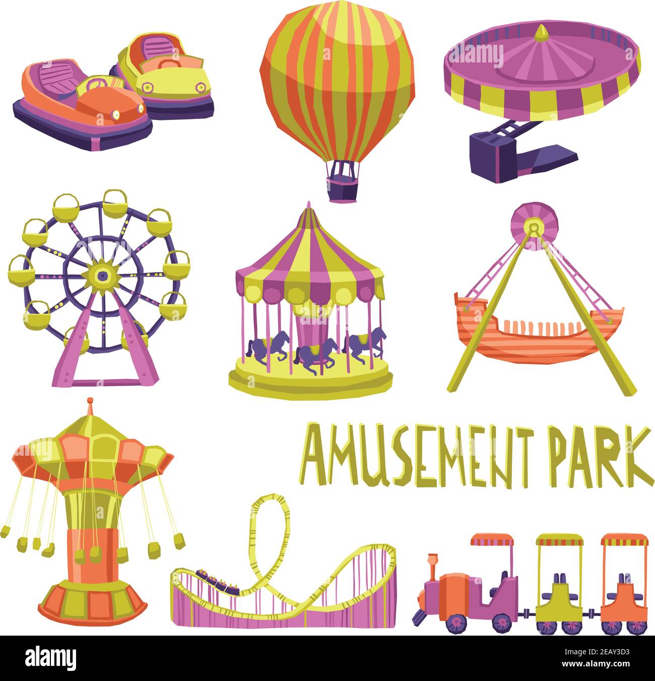 Parco divertimenti luna Park carnevale estate attrazioni icone insieme vettore isolato illustrazione Illustrazione Vettoriale