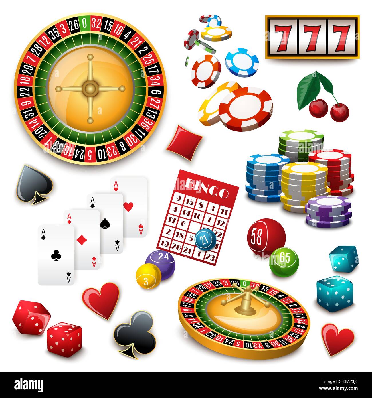 Casino popolare gioco d'azzardo online simboli composizione poster con roulette mazzo di carte e bingo illustrazione vettoriale astratta Illustrazione Vettoriale