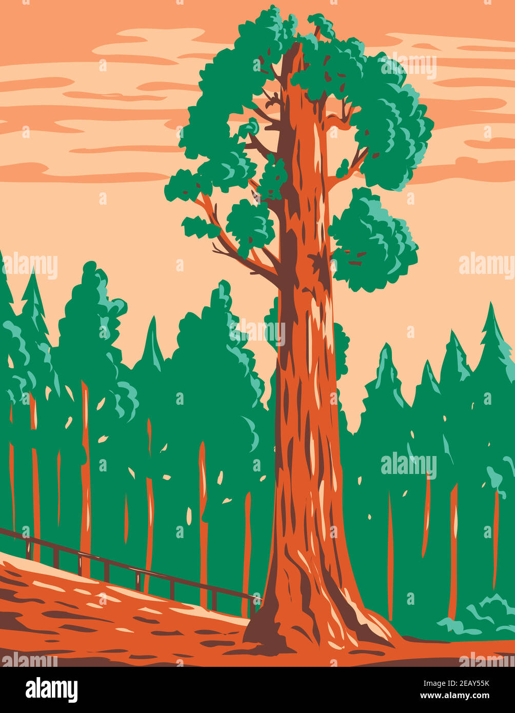 WPA poster art del General Grant Tree, una sequoia gigante sequoia Sequoiadendron giganteum nel Kings Canyon National Park in California fatto in progetto di opere Illustrazione Vettoriale