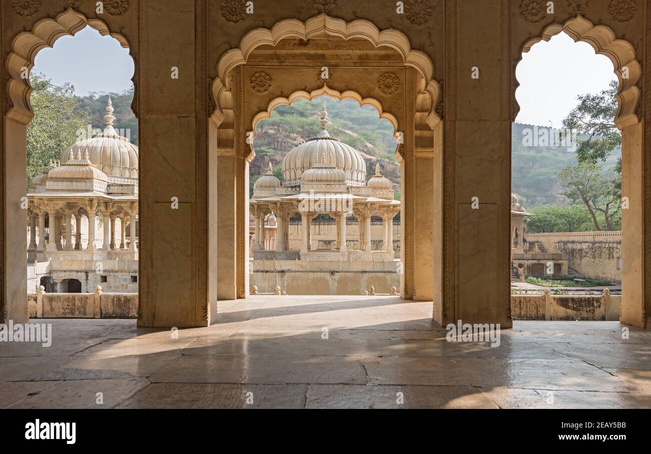 India Rajasthan Jaipur Gaitor Cenotaph eretto al posto di Cremazione di Maharajas Foto Stock