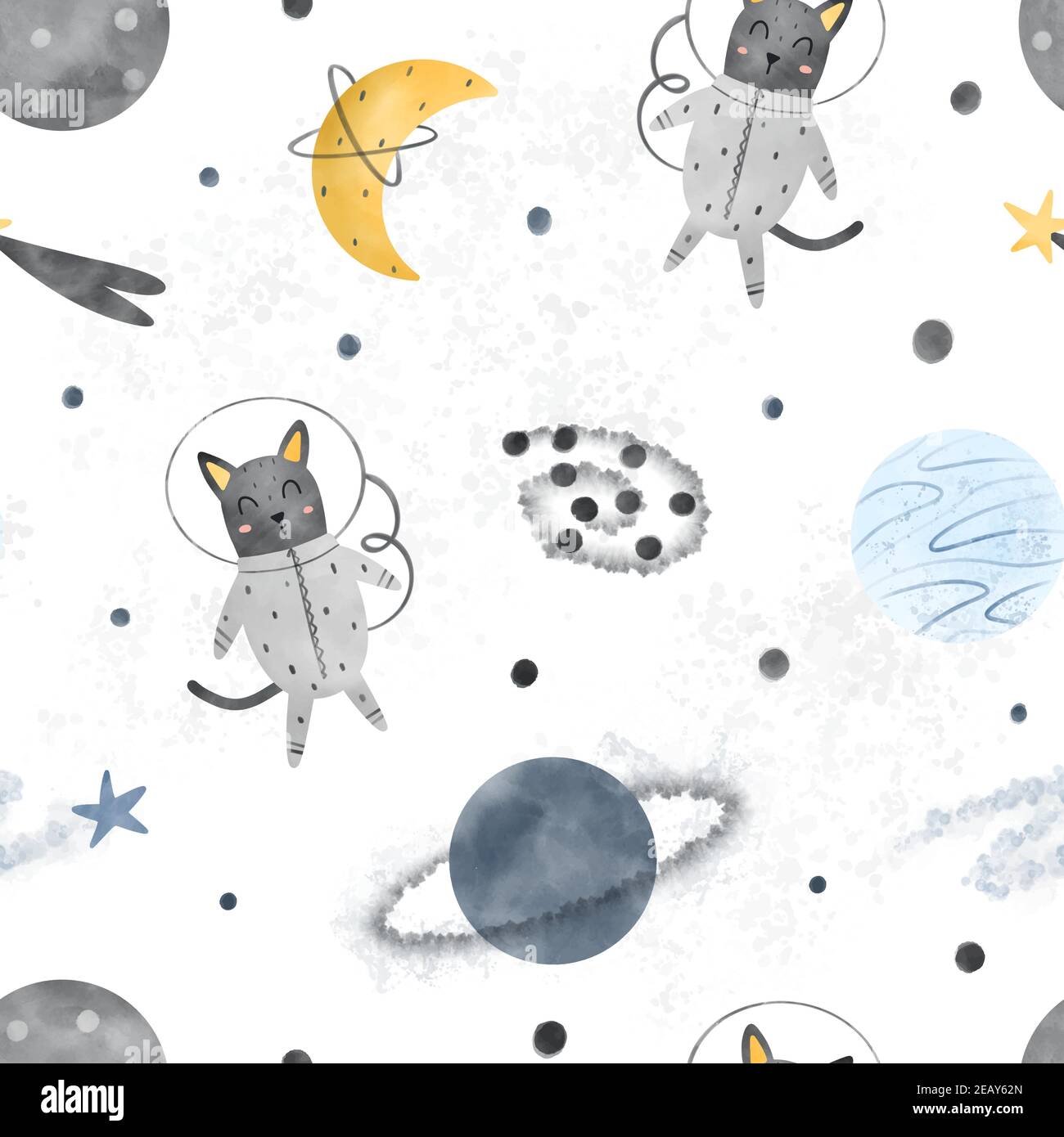 Carino gatti che volano nello spazio senza cuciture modello con pianeti, stelle, luna, galassia isolato su sfondo bianco. Illusione vettoriale in stile scandinavo disegnata a mano Illustrazione Vettoriale