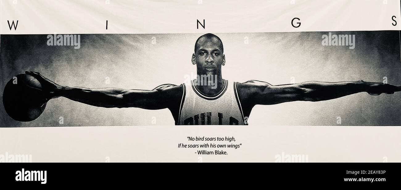 FRESNO, STATI UNITI - 10 febbraio 2021: Il famoso Michael Jordan ALI nero & bianco poster di lui con entrambe le braccia fuori una mano che tiene un Basketball Foto Stock