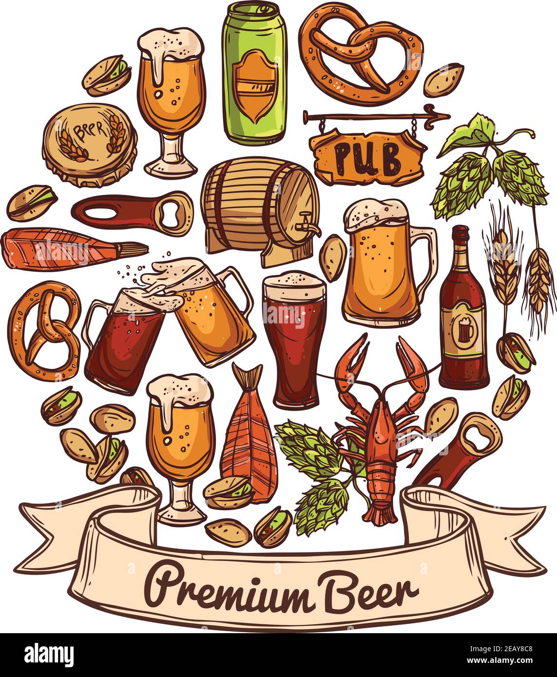 Premium concept sketch birra con brocche può aprire botte bottiglia cappe snack luppolo noci gamberi e gamberetti illustrazione vettoriale Illustrazione Vettoriale