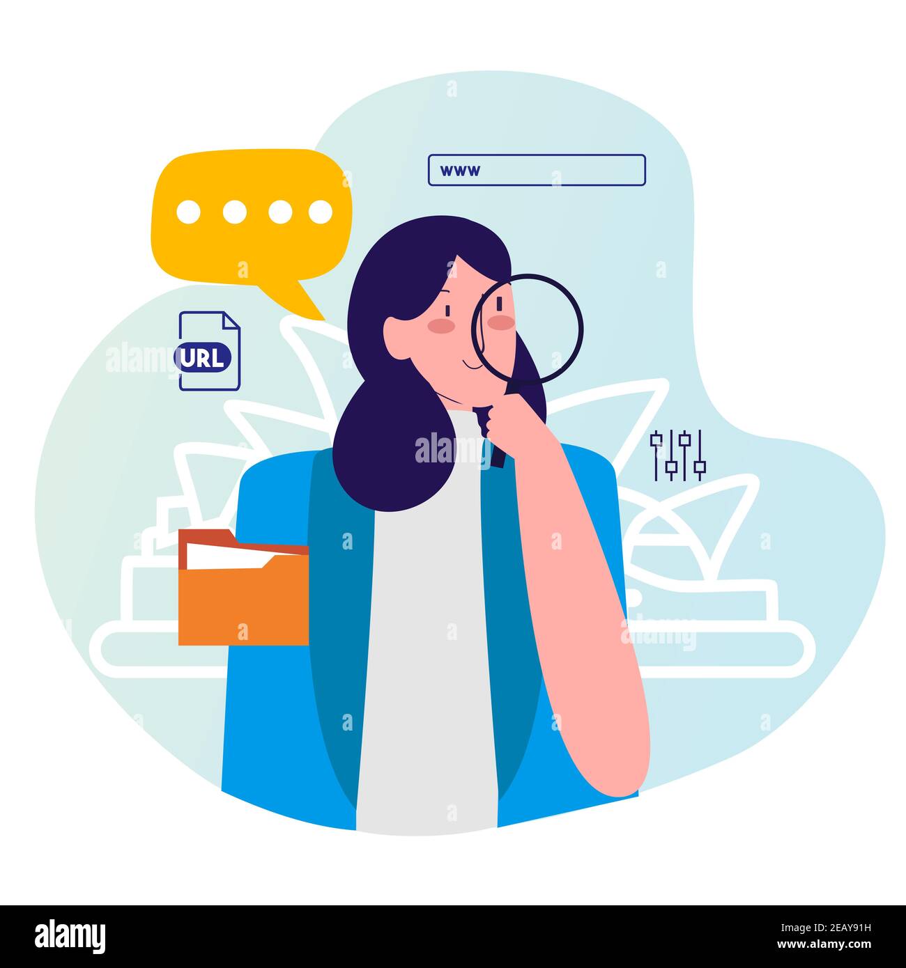 donna tenere lupe cercando informazioni su internet con cartoon appartamento stile Illustrazione Vettoriale