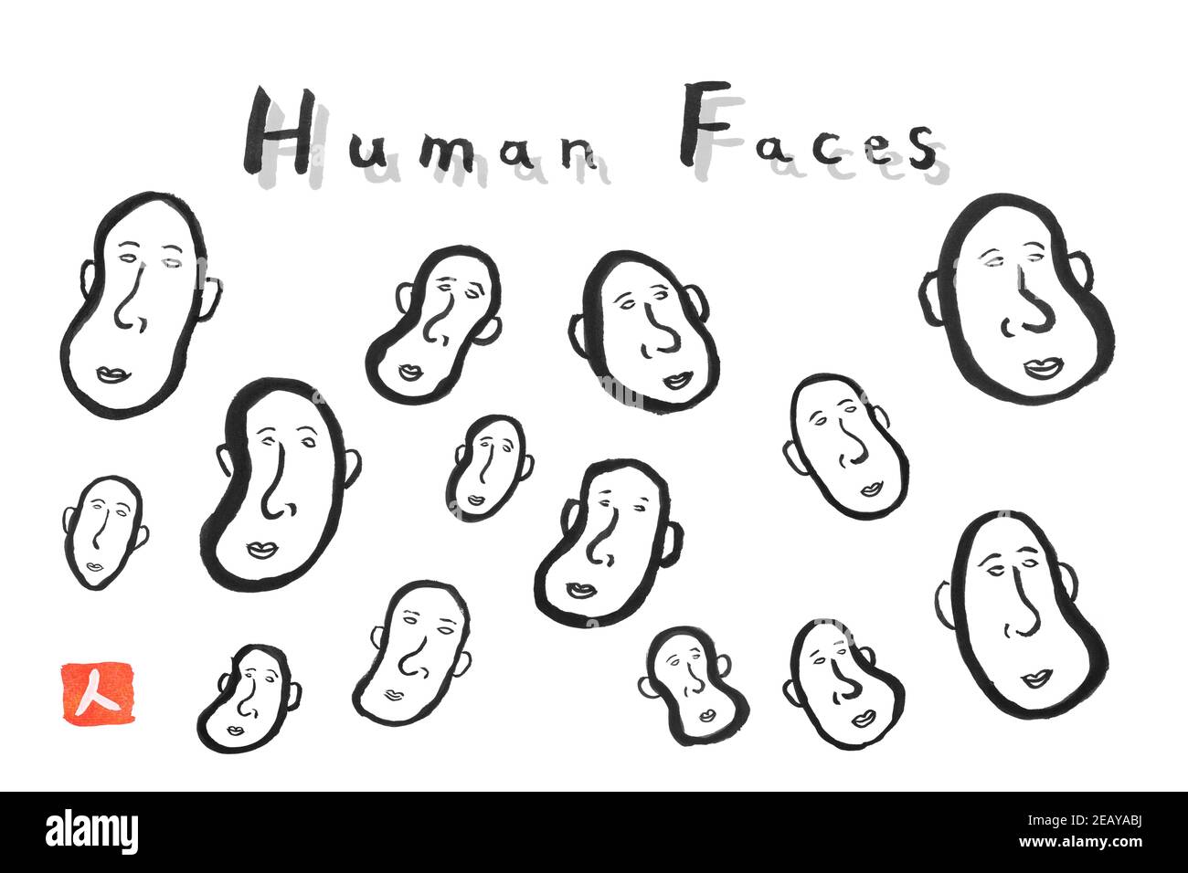 Volto umano, inchiostro nero naturale linea arte, illustrazione, belle arti, parola giapponese di questa immagine significa 'umano' Foto Stock