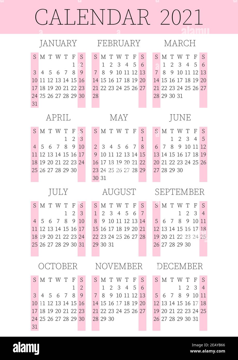 2021 pianificatore di calendario. Сorporate settimana. Layout modello, 12 mesi all'anno, sfondo bianco e rosa. Brochure, opuscolo, design semplice per le aziende Illustrazione Vettoriale