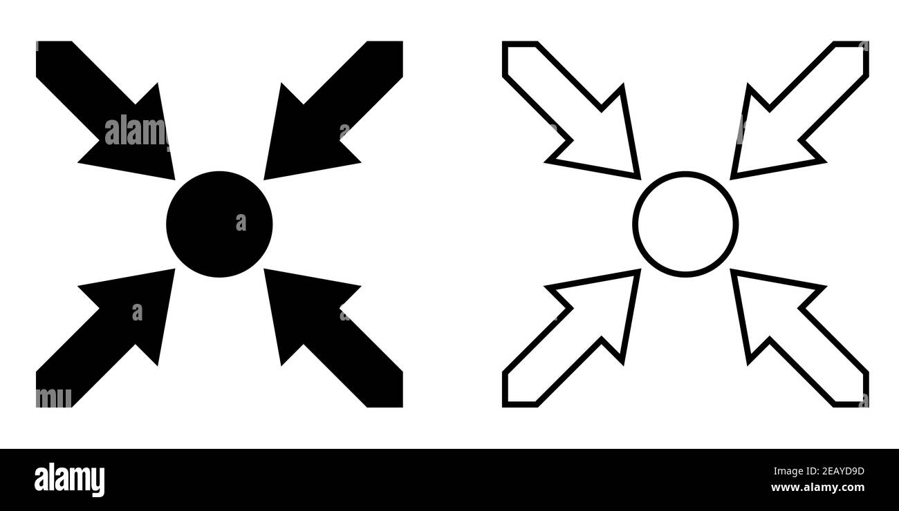 simbolo icona luogo d'incontro, centro eventi, frecce vettoriali puntano al centro del cerchio luogo d'incontro, epicentro Illustrazione Vettoriale
