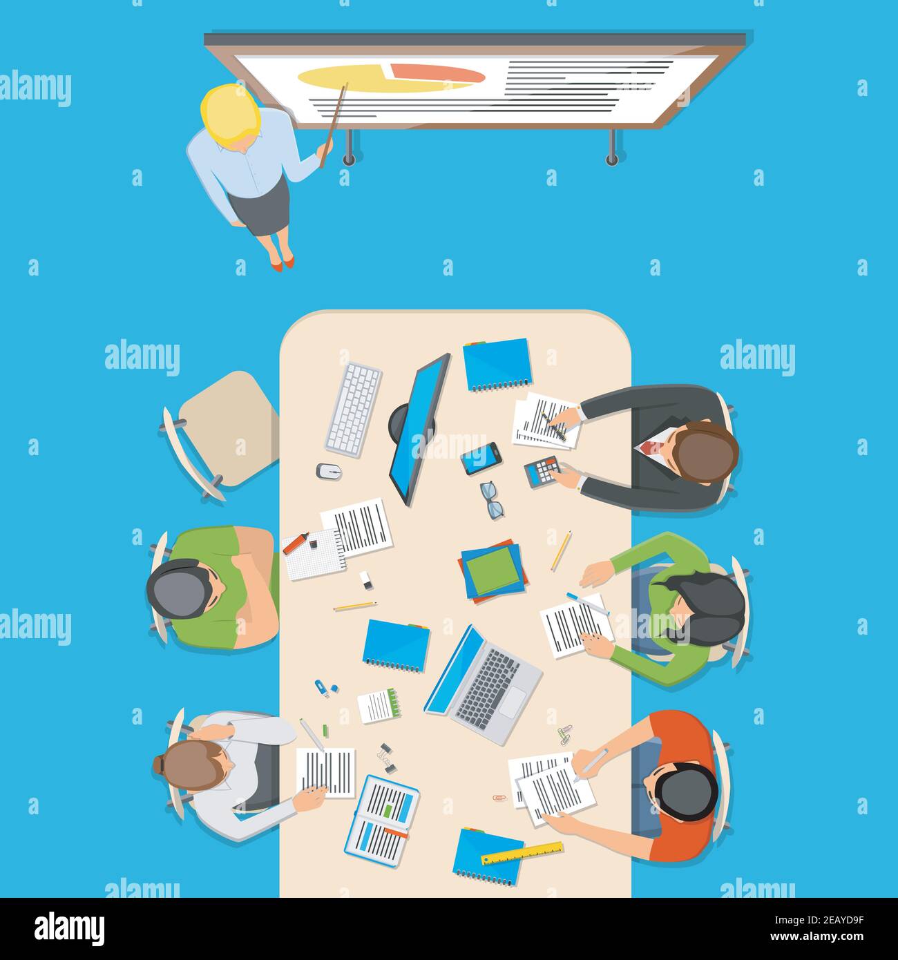 Professioni top view composizione con gli uomini d'affari alla conferenza in illustrazione vettoriale piatta interna dell'ufficio Illustrazione Vettoriale
