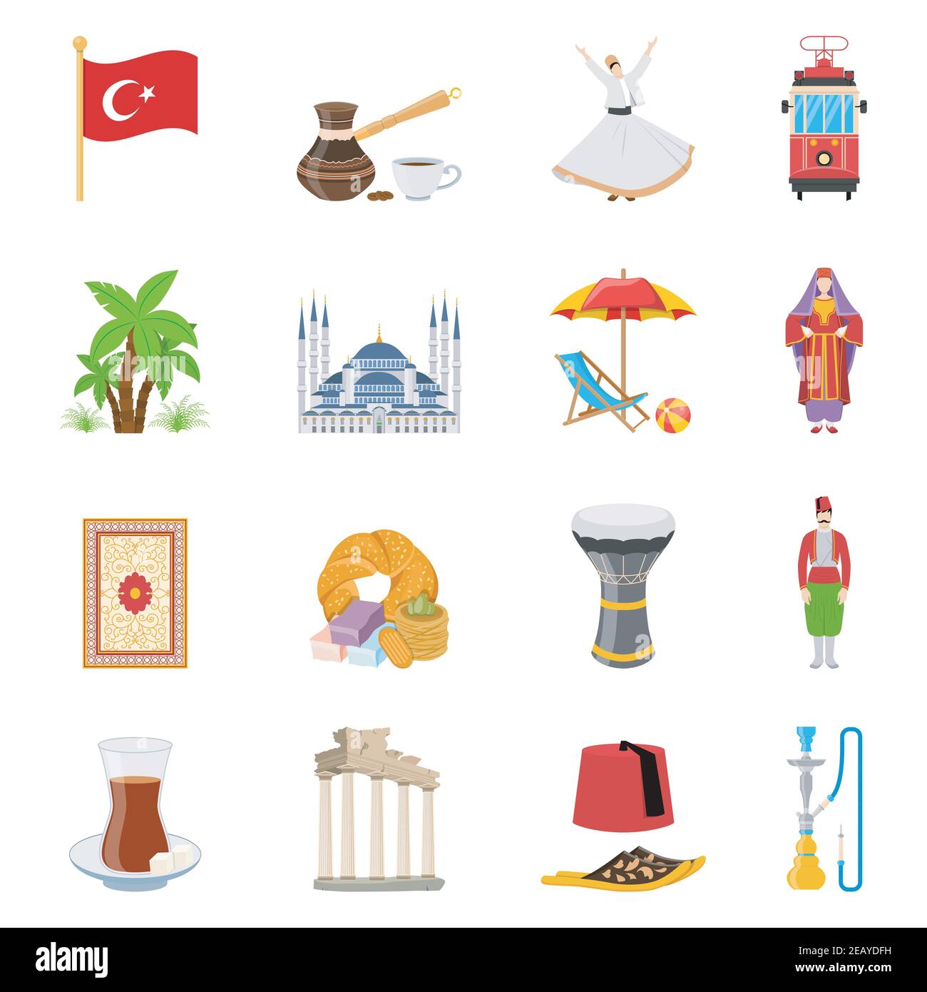 Icone tacchino dai colori piatti insieme con la bandiera dei monumenti storici e. elementi di cultura nazionale e abiti tradizionali isolato vettore illustrazione Illustrazione Vettoriale
