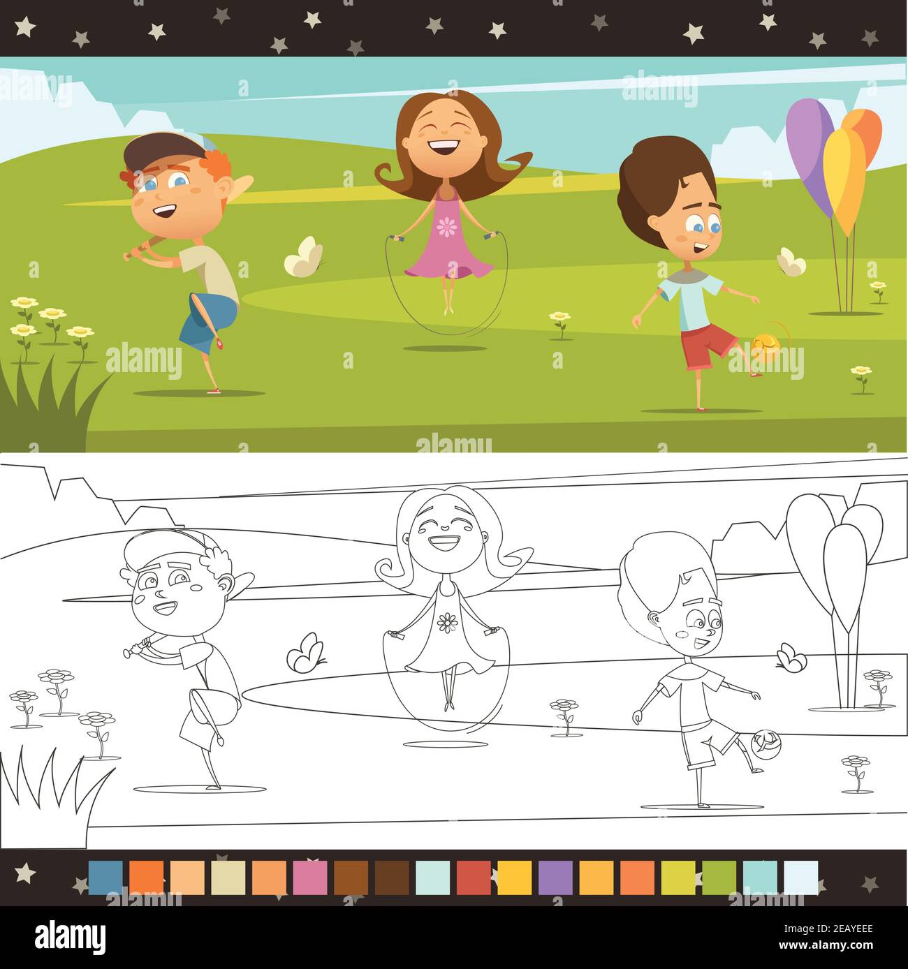 Riproduzione di bambini colorare cartoon pagina orizzontale con schema colore isolato illustrazione vettoriale Illustrazione Vettoriale