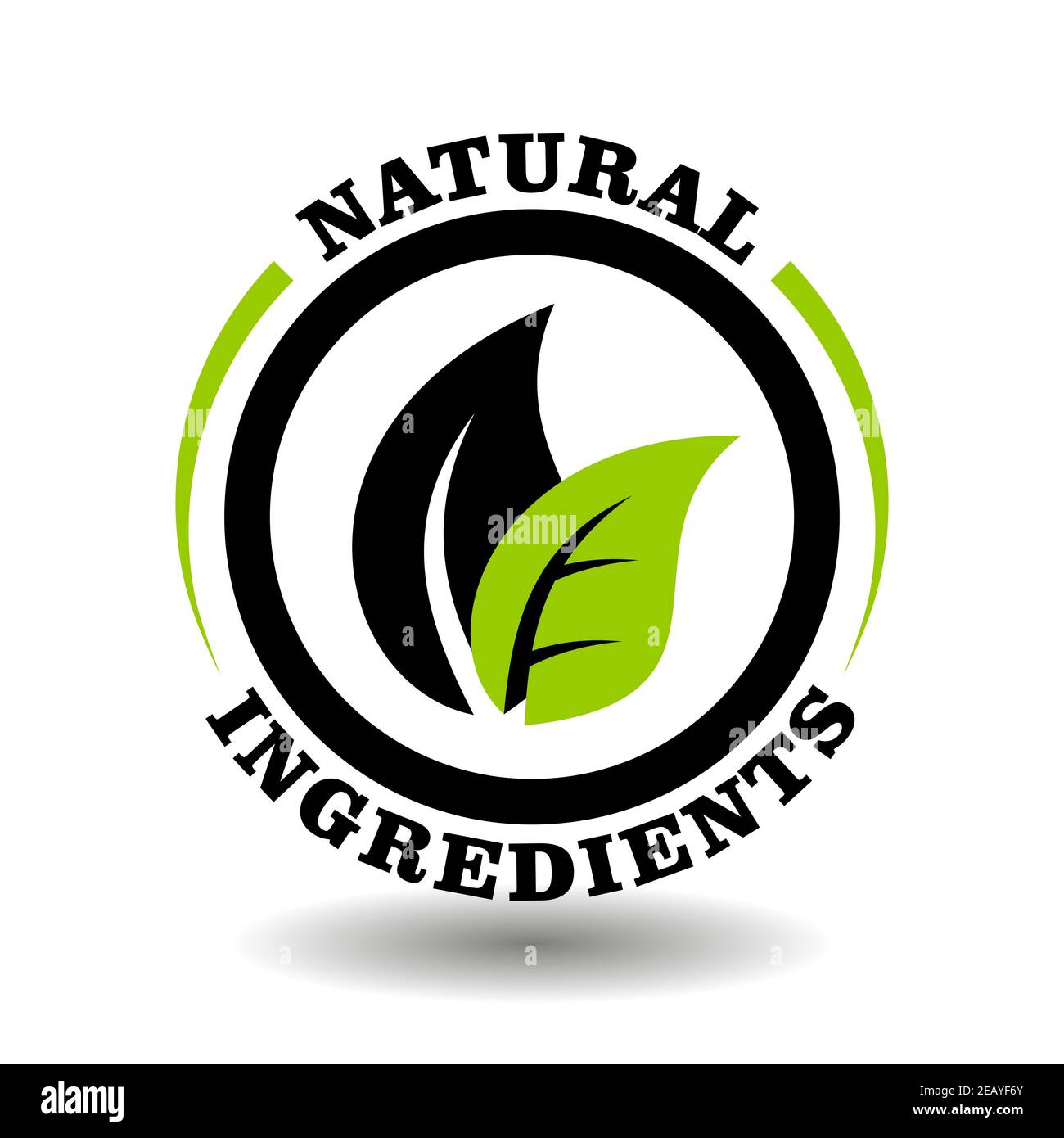 Ingredienti naturali eco stampigliatura vettoriale con illustrazione verde foglia. Logo rotondo per la certificazione del cartello di confezionamento di cosmetici biologici biologici Illustrazione Vettoriale