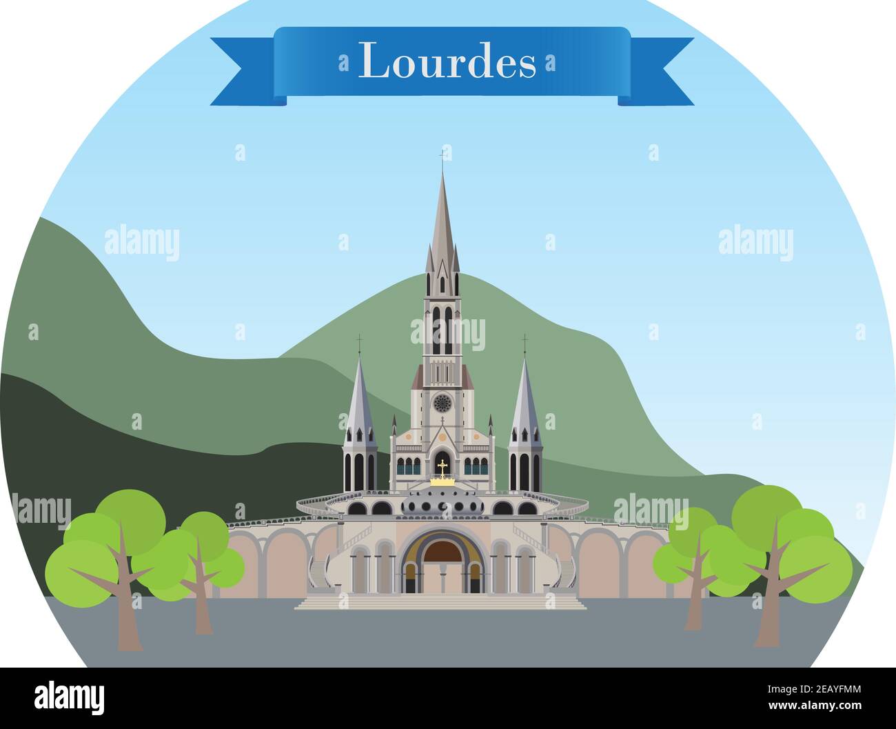 Lourdes, Francia. Illustrazione vettoriale dettagliata con il principale punto di riferimento della città - Basilica del Rosario Illustrazione Vettoriale