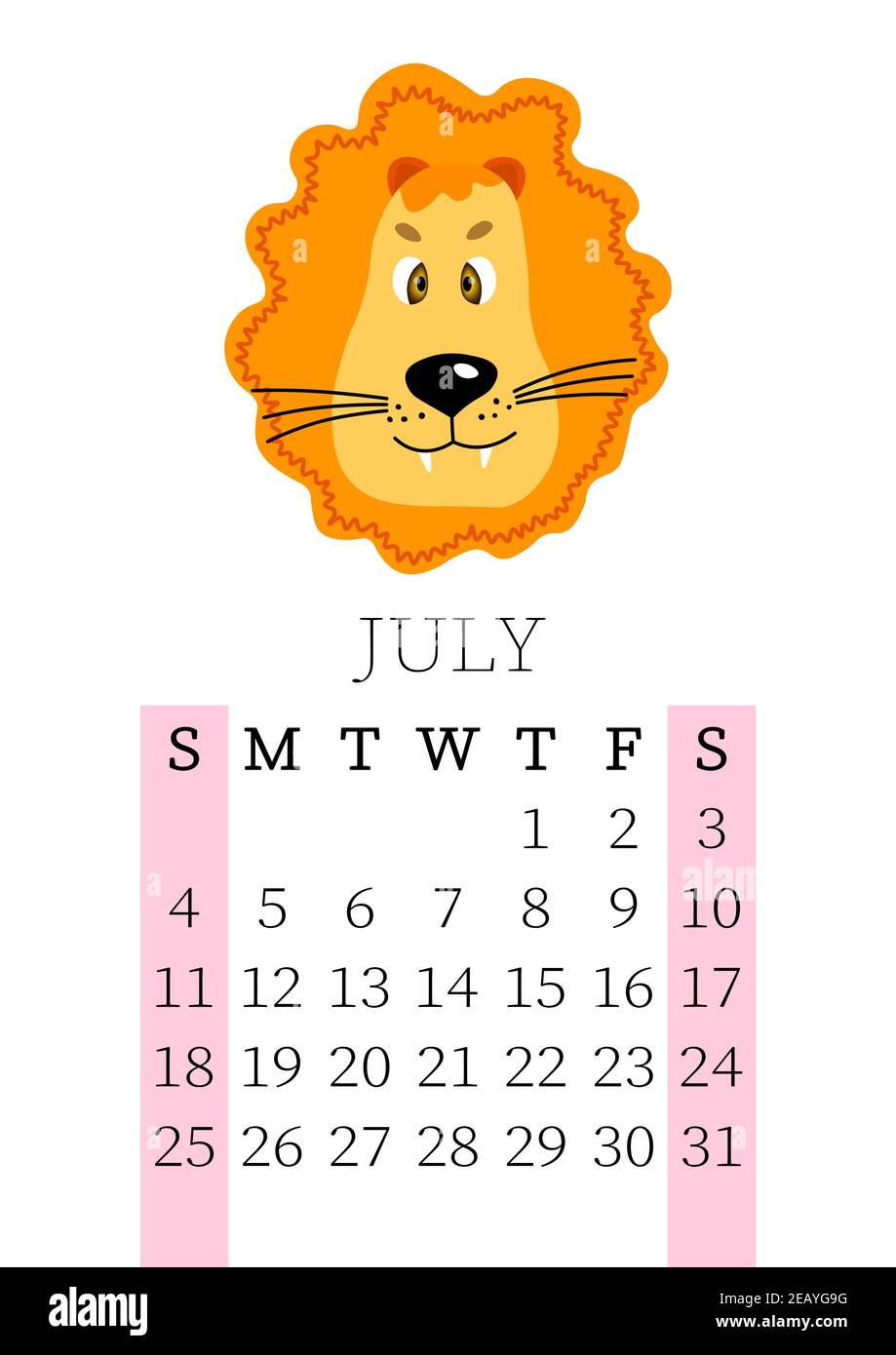 Calendario 2021. Calendario mensile per il 2021 luglio da domenica a  sabato. Pianificatore annuale. Modelli con cute mano disegnati animali di  faccia. Vettore Immagine e Vettoriale - Alamy