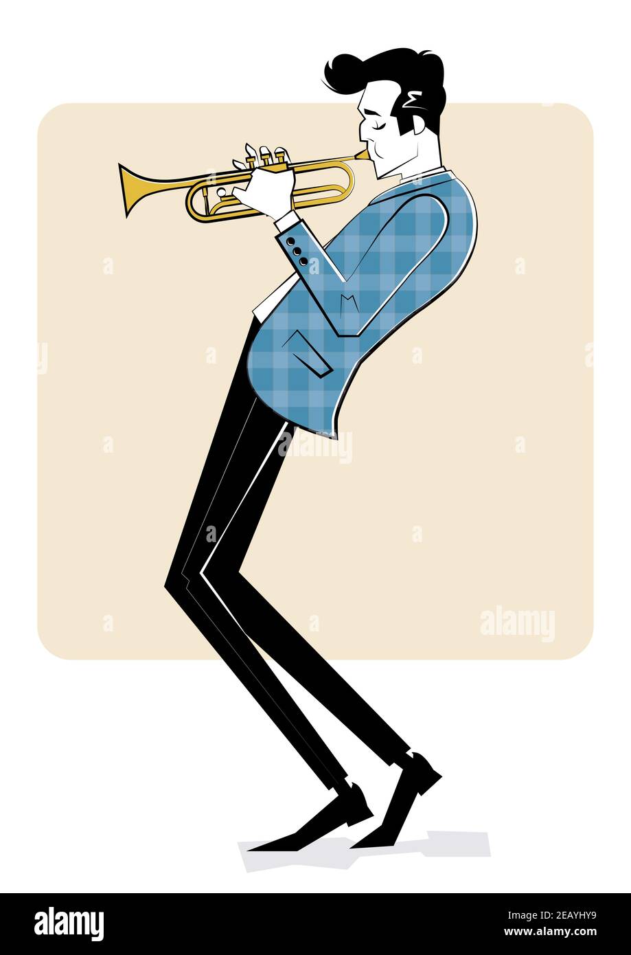 Concept per poster jazz. Uomo che gioca a tromba. Illustrazione dello stile di schizzo. Illustrazione Vettoriale