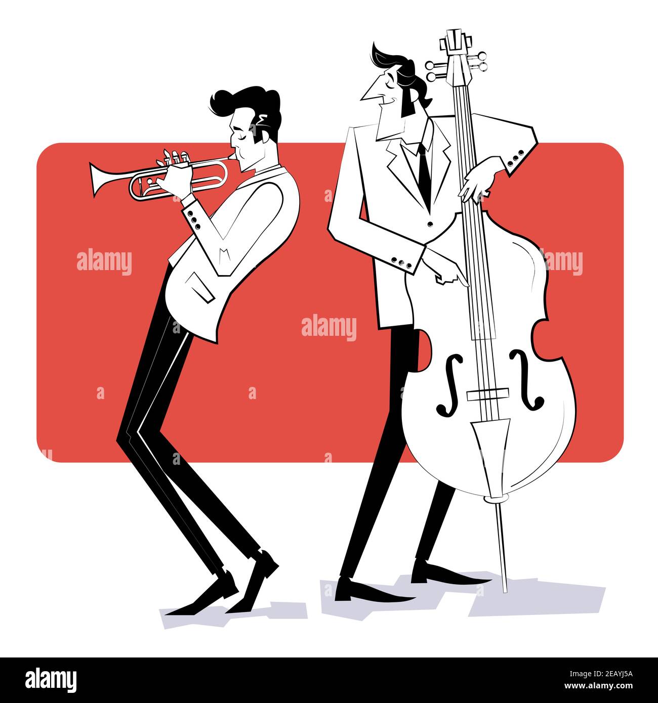 Concept per poster jazz. Due uomini che suonano tromba e contrabbasso su sfondo rosso. Illustrazione dello stile di schizzo. Illustrazione Vettoriale