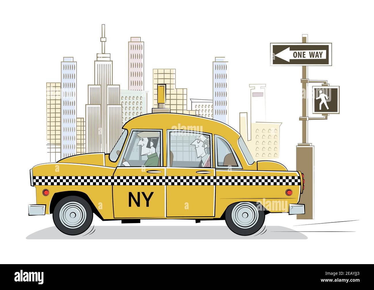 Cartoon giallo retrò taxi a New York. Illustrazione vettoriale Illustrazione Vettoriale