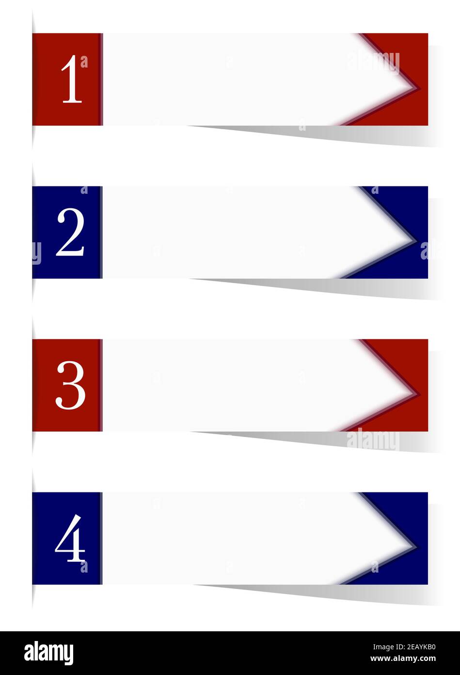 Concetto grafico per piano d'azione, infografica, etichette adesive. Strategia aziendale quattro fasi. Banner rossi, blu, spazio per la copia bianco. EPS10 Illustrazione Vettoriale