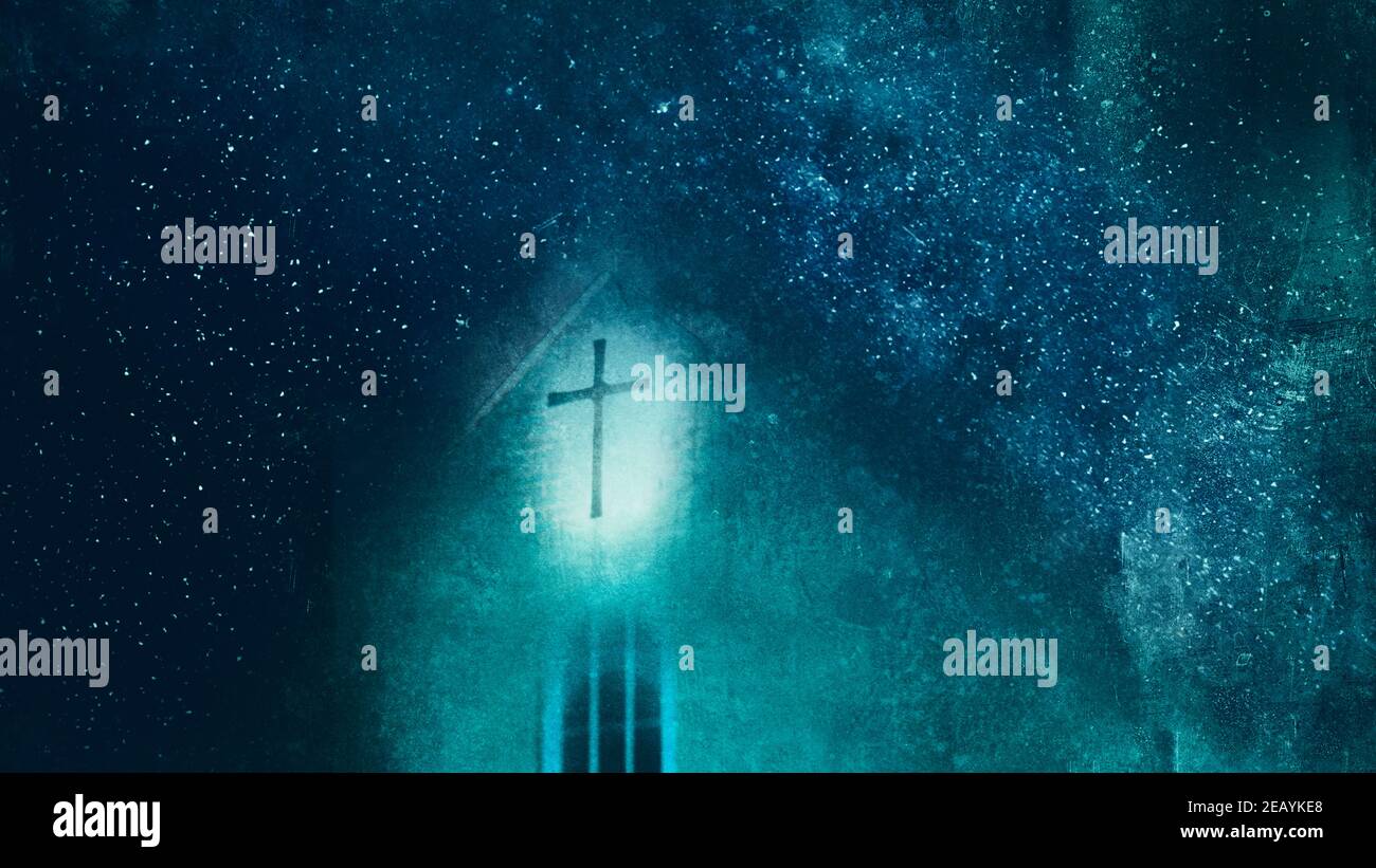 Una suggestiva croce luminosa sulla cima di una chiesa. Ambientato contro un cielo pieno di stelle nel cielo notturno. Con una modifica artistica e grunge. Foto Stock