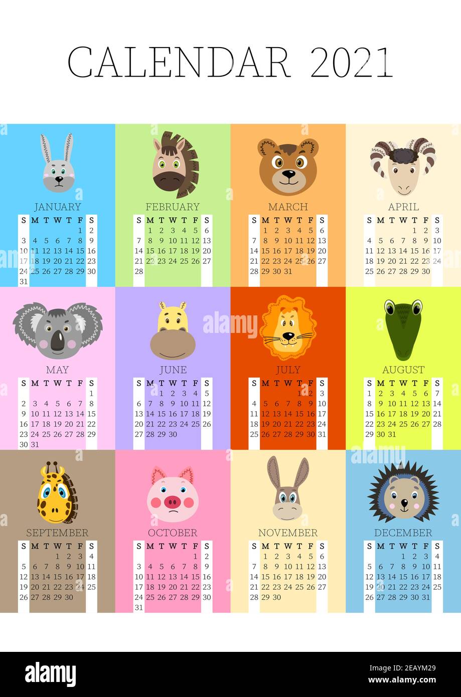 Calendario 2021. Calendario mensile 2021 da domenica a sabato. Pianificatore annuale. Modelli con cute mano disegnati animali di faccia. Illustrazione vettoriale. Ottimo Illustrazione Vettoriale