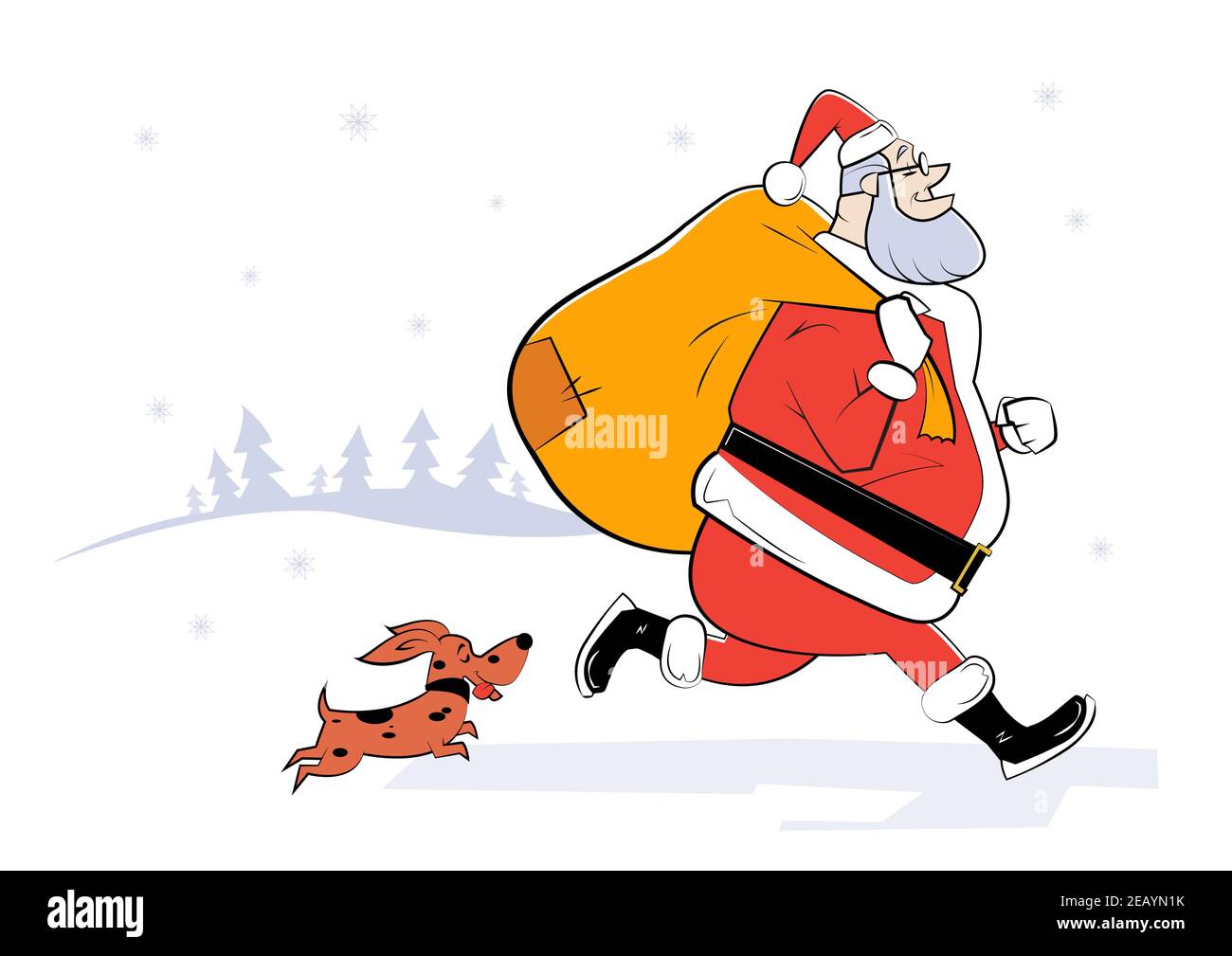 Illustrazione cartoon di Babbo Natale con borsa di regali e piccolo cane. Illustrazione dello schizzo Illustrazione Vettoriale