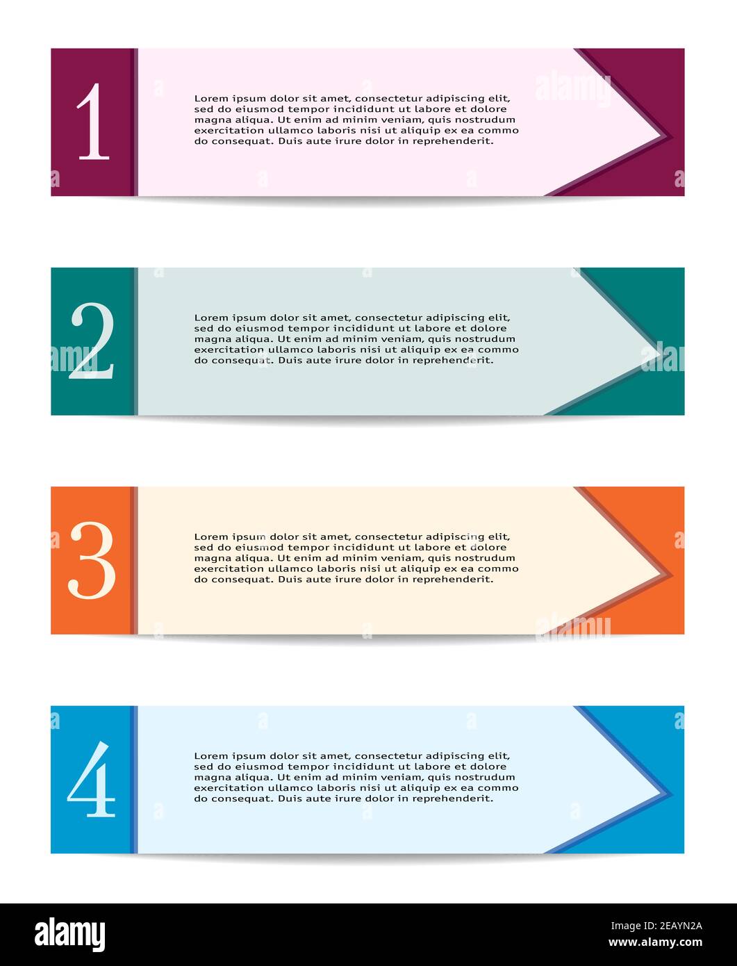 Concetto di piano d'azione aziendale. Strategia quattro fasi. Striscioni piatti viola, teal, arancione e blu. Design per infografica, etichette adesive. Vettore EPS10 Illustrazione Vettoriale