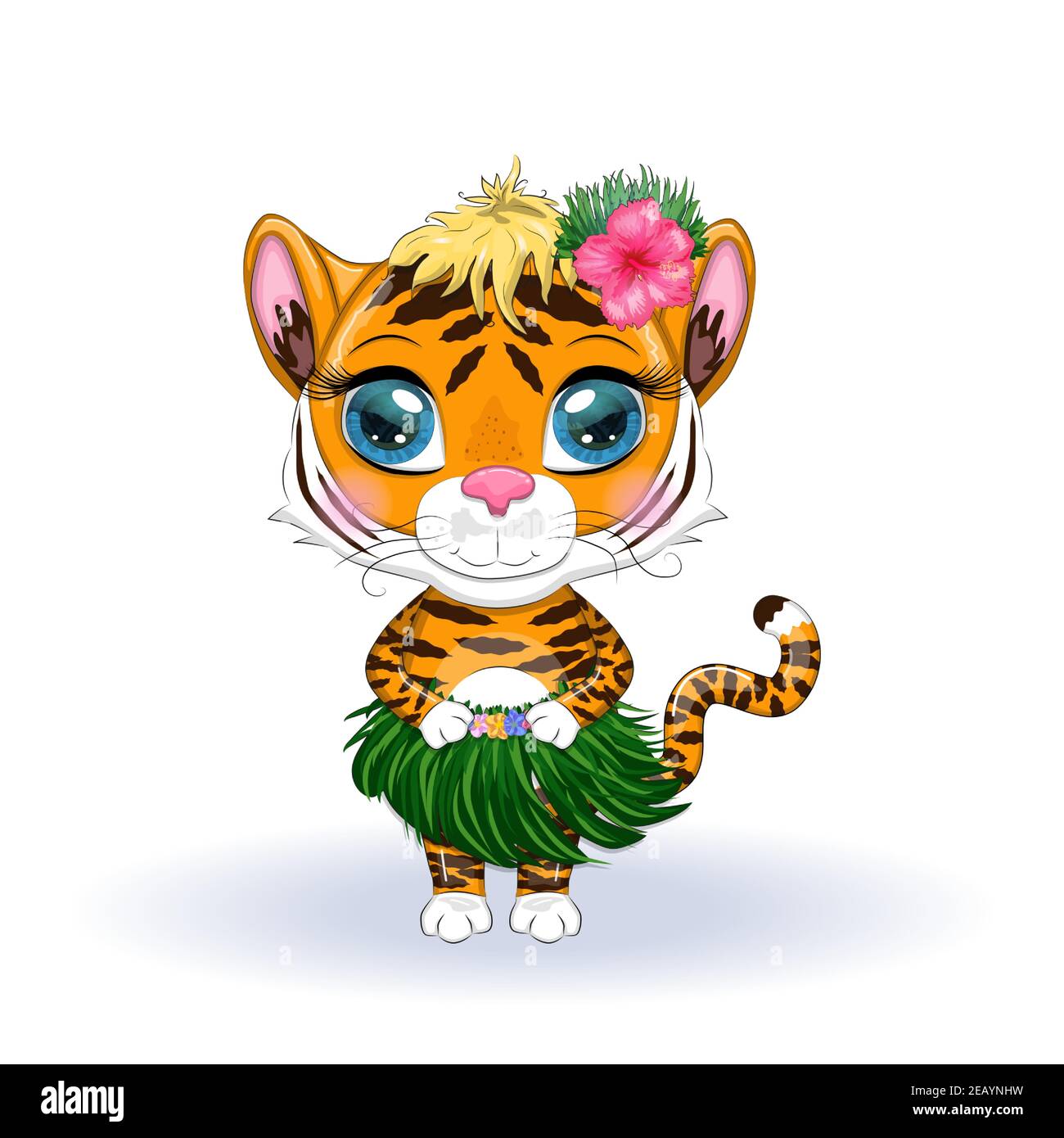 Una tigre carina di cartoni animati con gli occhi belli nell'immagine di  una ballerina di hula. Hawaii, estate, isole e vacanze. Capodanno cinese  2022, anno del Tige Immagine e Vettoriale - Alamy