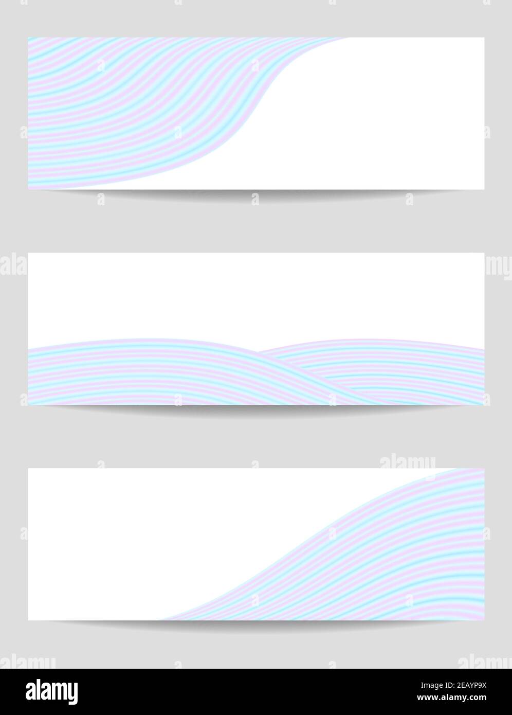 Set di 3 striscioni in blu, rosa. Forme d'onda vettoriali sfocate, sfondo bianco. Curve ondulate pastello. Layout per volantino, opuscolo, coupon, sito Web, voucher. EPS10 Illustrazione Vettoriale