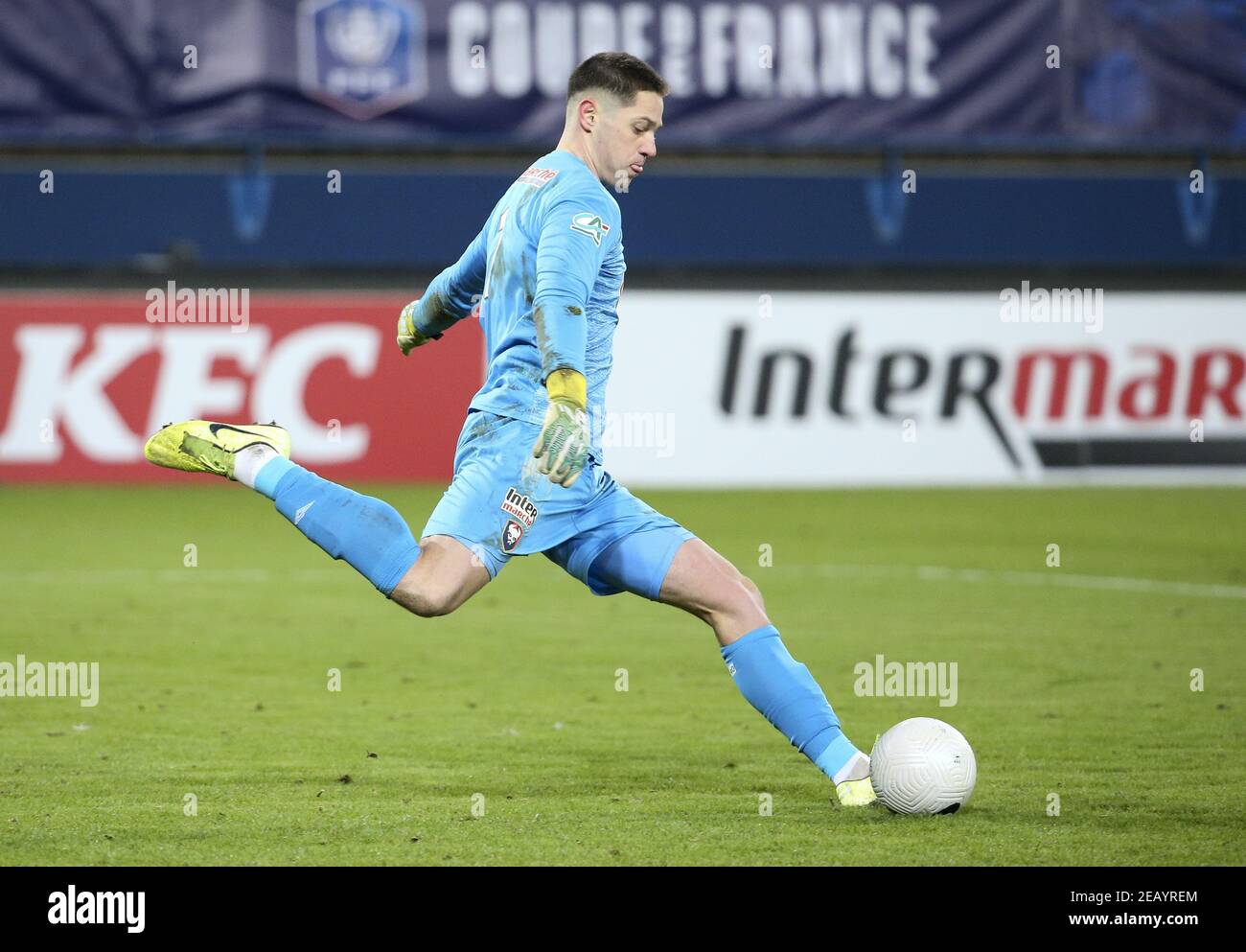 Portiere di Caen Sullivan Pean durante la Coppa di Francia, gara di calcio 64 tra Stade Malherbe de Caen (SM Caen) e Paris Saint-Germain (PSG) il 10 febbraio 2021 allo Stade Michel d'Ornano a Caen, Francia - Foto Jean Catuffe/DPPI/LiveMedia/Sipa USA Credit: Sipa USA/Alamy Live News Foto Stock